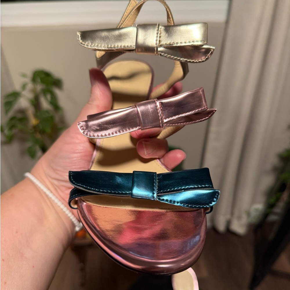 J. Crew Metallic Pink and Teal Bow Heels